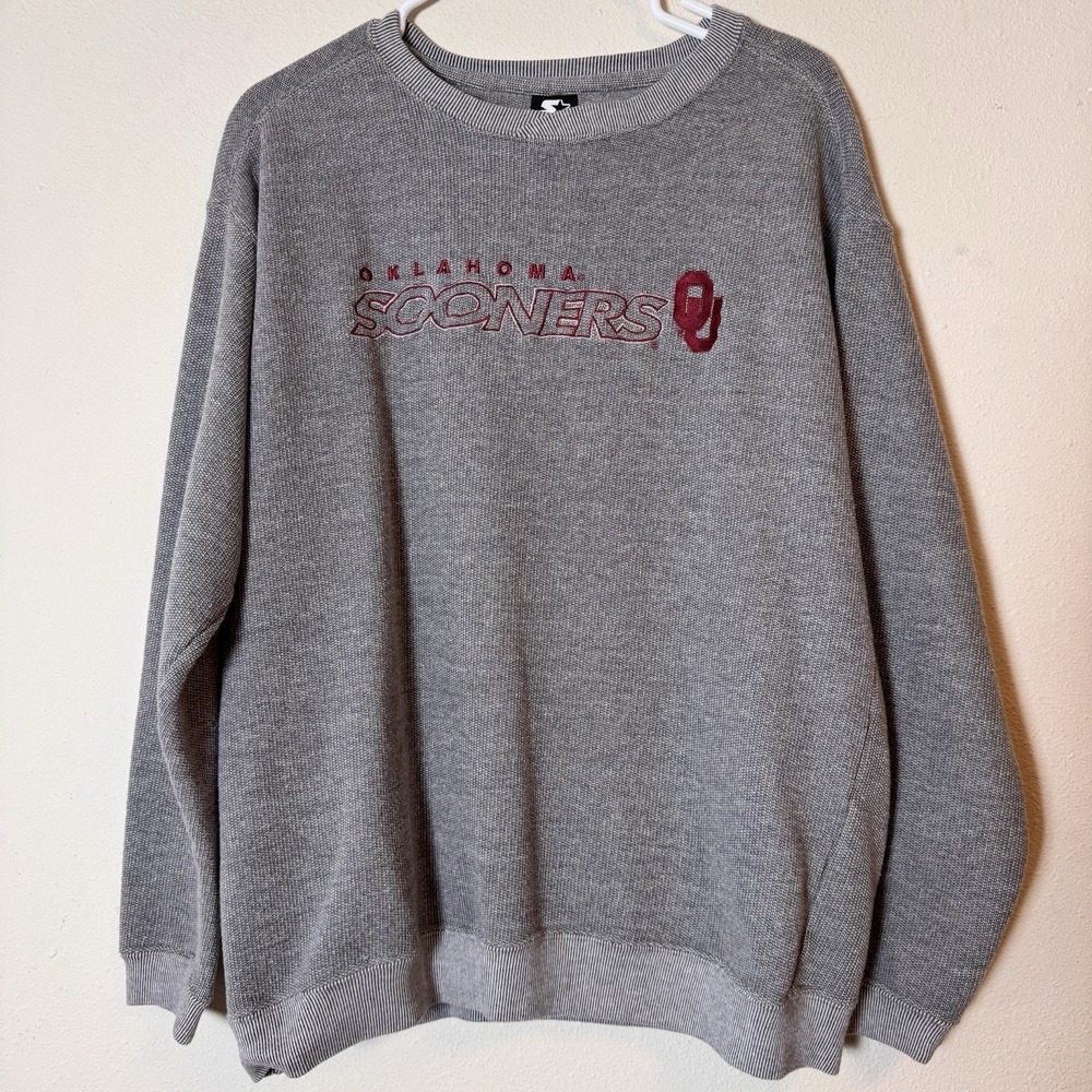Starter Oklahoma Sooners Sweater L Gray Knit Crewneck NCAA Embroidered Logo